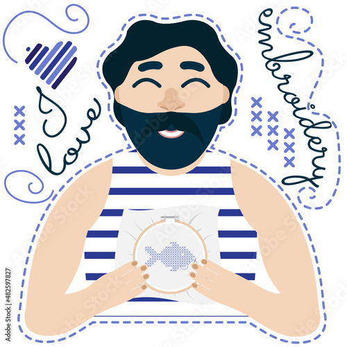 I like embroidery man hoop cross stitch handmade relax smile DIY hobby pastime happy fish