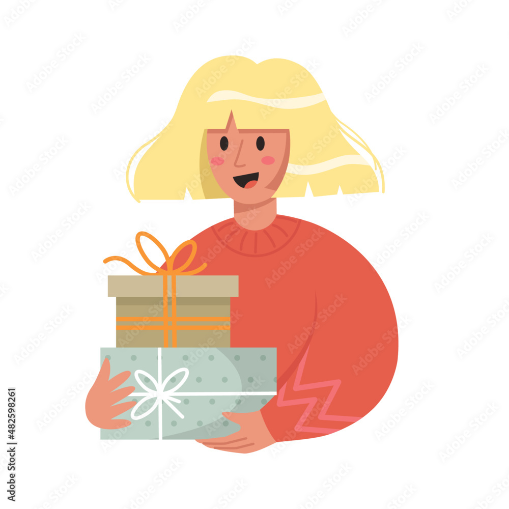 Happy smiling colorful girl holding presents having positive emotion. Surprised woman with gifts isolated on white background. Happy smiling colorful girl holding presents having positive emotion. Surprised woman with gifts isolated on white background.
