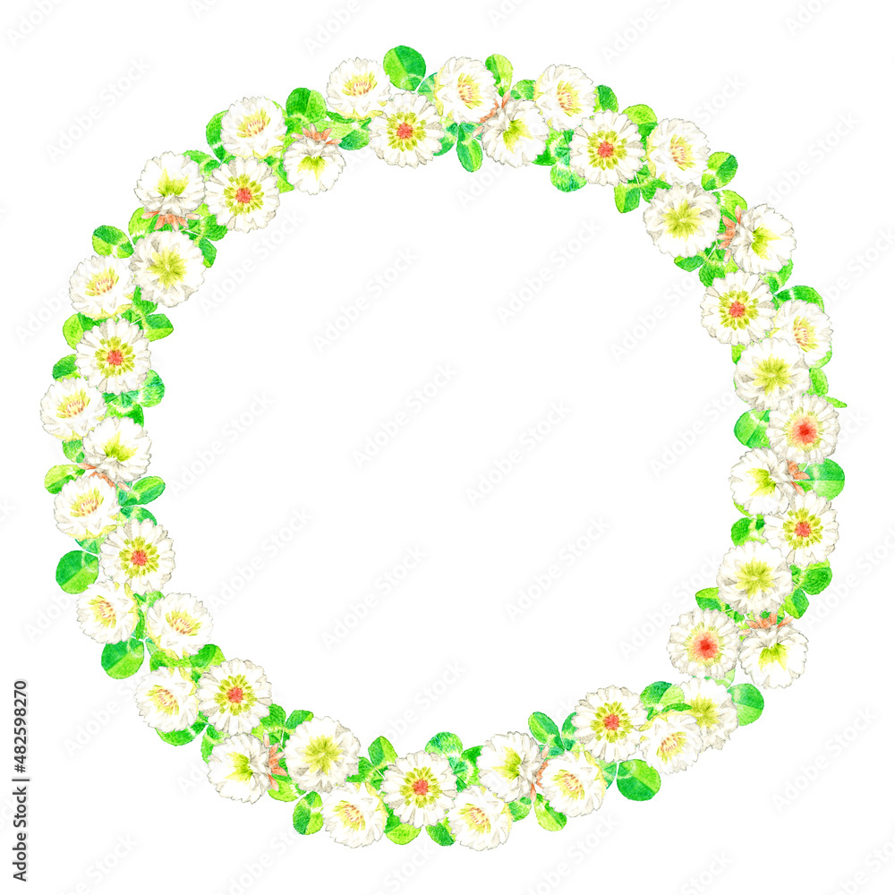 シロツメクサの花かんむりの丸フレーム　かわいい手描き水彩イラスト背景素材