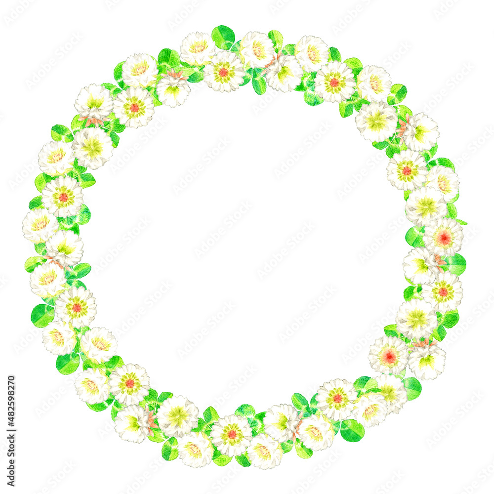 シロツメクサの花かんむりの丸フレーム かわいい手描き水彩イラスト背景素材 シロツメクサの花かんむりの丸フレーム かわいい手描き水彩イラスト背景素材