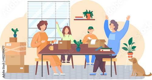 Family moving to new house sitting with things in cardboard boxes on table, change of place of residence. Moving to new apartment, relocation. Unpacking things after shipping. Rental of premises