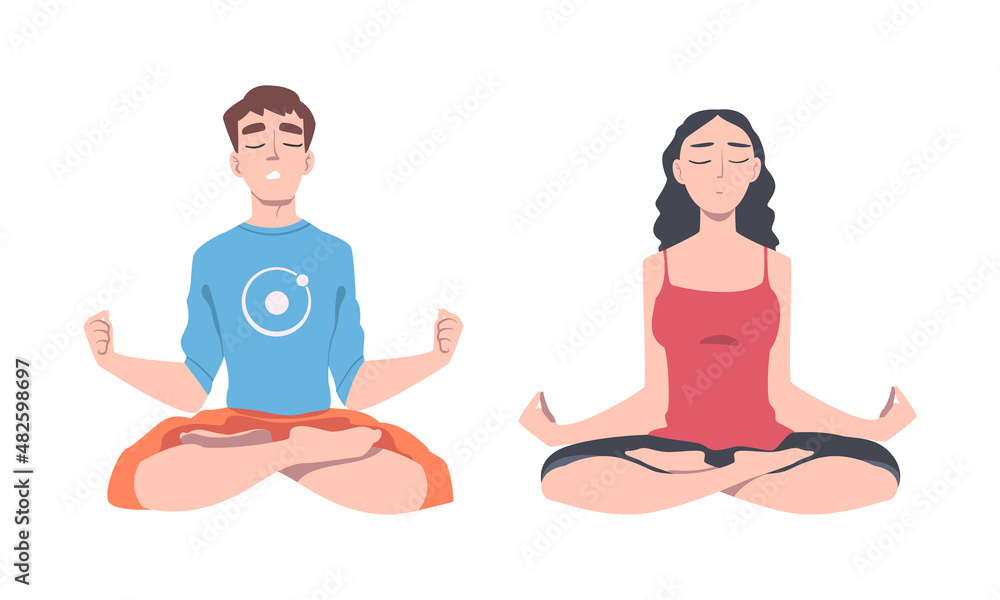Young Man and Woman Cross-legged Sitting in Padmasana or Lotus Position Practicing Mediation Vector Set Young Man and Woman Cross-legged Sitting in Padmasana or Lotus Position Practicing Mediation Vector Set