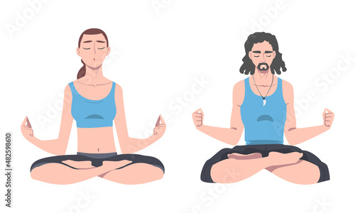 Young Man and Woman Cross-legged Sitting in Padmasana or Lotus Position Practicing Mediation Vector Set