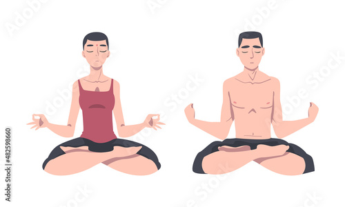 Young Man and Woman Cross-legged Sitting in Padmasana or Lotus Position Practicing Mediation Vector Set