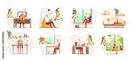 Set of illustrations about elderly people working on laptop. Senior men and women dealing and working with gadgets. Mastering modern technologies concept. Change in level of gadget ownership