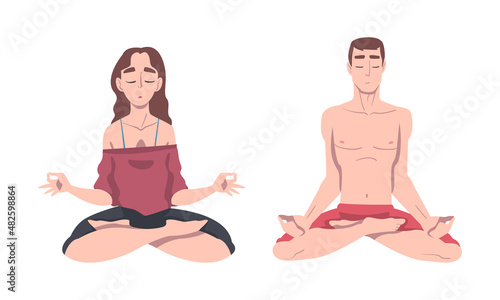 Young Man and Woman Cross-legged Sitting in Padmasana or Lotus Position Practicing Mediation Vector Set