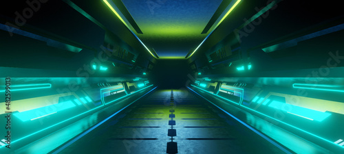 Fotografie, Tablou Cyber Virtual Reality Futuristic Industrial Room Avant Garde Neon Lights with Da