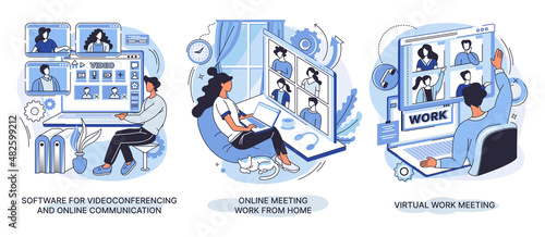 Online business meeting, work from home, software for videoconferencing and online communication. People using computer for collective virtual meeting and group video conference, chatting with friends