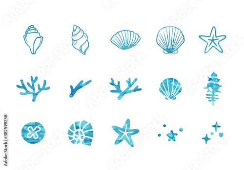 爽やかな海辺の装飾イラストセット　アイコン　貝殻　珊瑚　ヒトデ photo