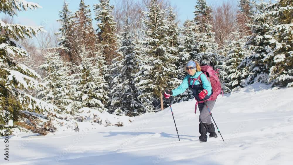 A woman walks in snowshoes in the snow, winter trekking, a person in the mountains in winter, hiking equipment A woman walks in snowshoes in the snow, winter trekking, a person in the mountains in winter, hiking equipment