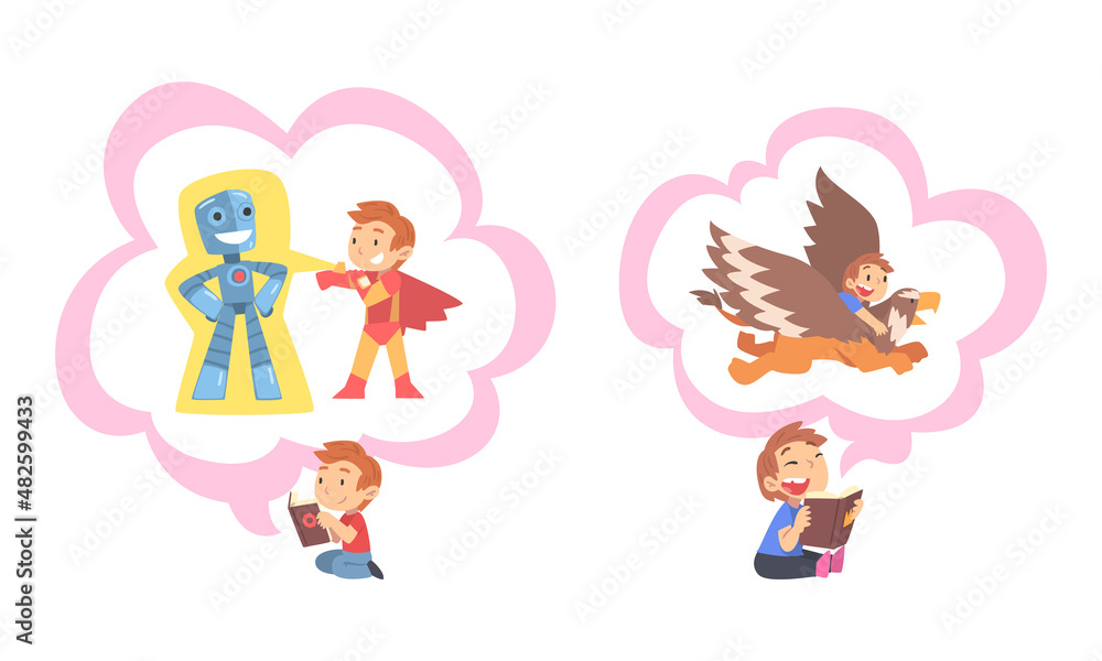 Children Reading Fairy Tale and Fantasy Book about Robot and Flying Griffin Imagining Vector Set Children Reading Fairy Tale and Fantasy Book about Robot and Flying Griffin Imagining Vector Set