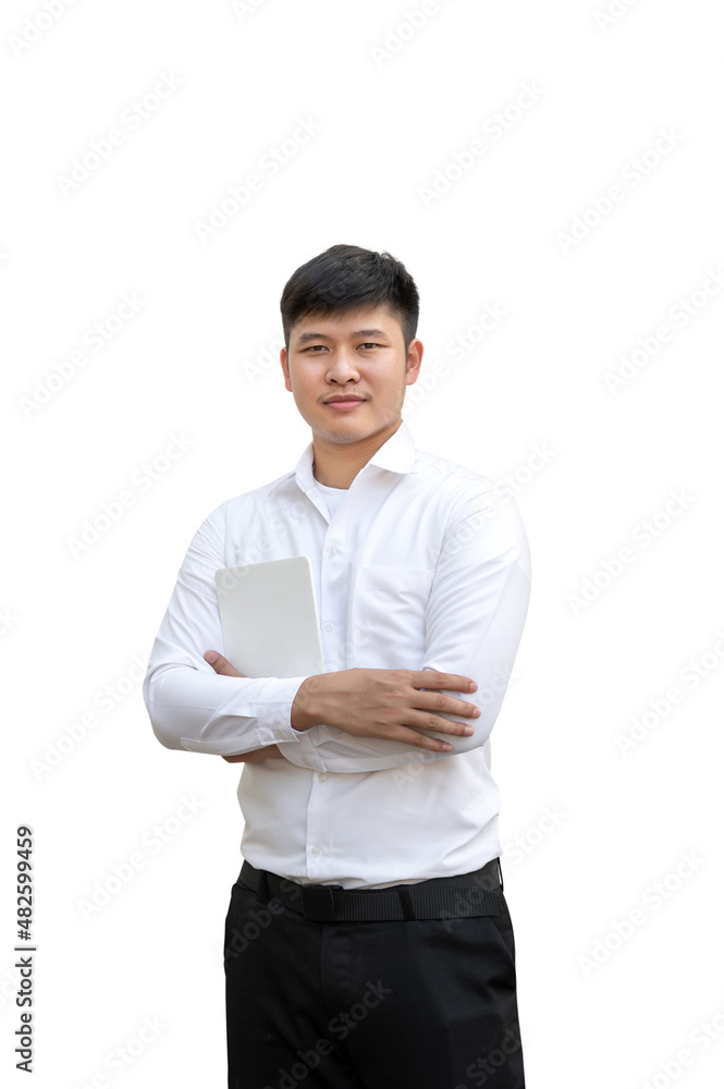 Asian man holding tablet and smiling isolated on white background.Young handsome Asian businessman feeling excited about what he saw on his tablet. Asian man holding tablet and smiling isolated on white background.Young handsome Asian businessman feeling excited about what he saw on his tablet.