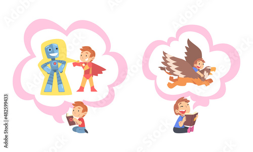 Children Reading Fairy Tale and Fantasy Book about Robot and Flying Griffin Imagining Vector Set