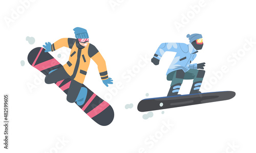 Man Snowboarding Dressed in Winter Outfit Vector Set