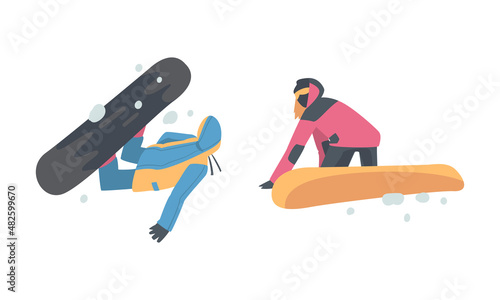 Man and Woman Snowboarding Dressed in Winter Outfit Vector Set