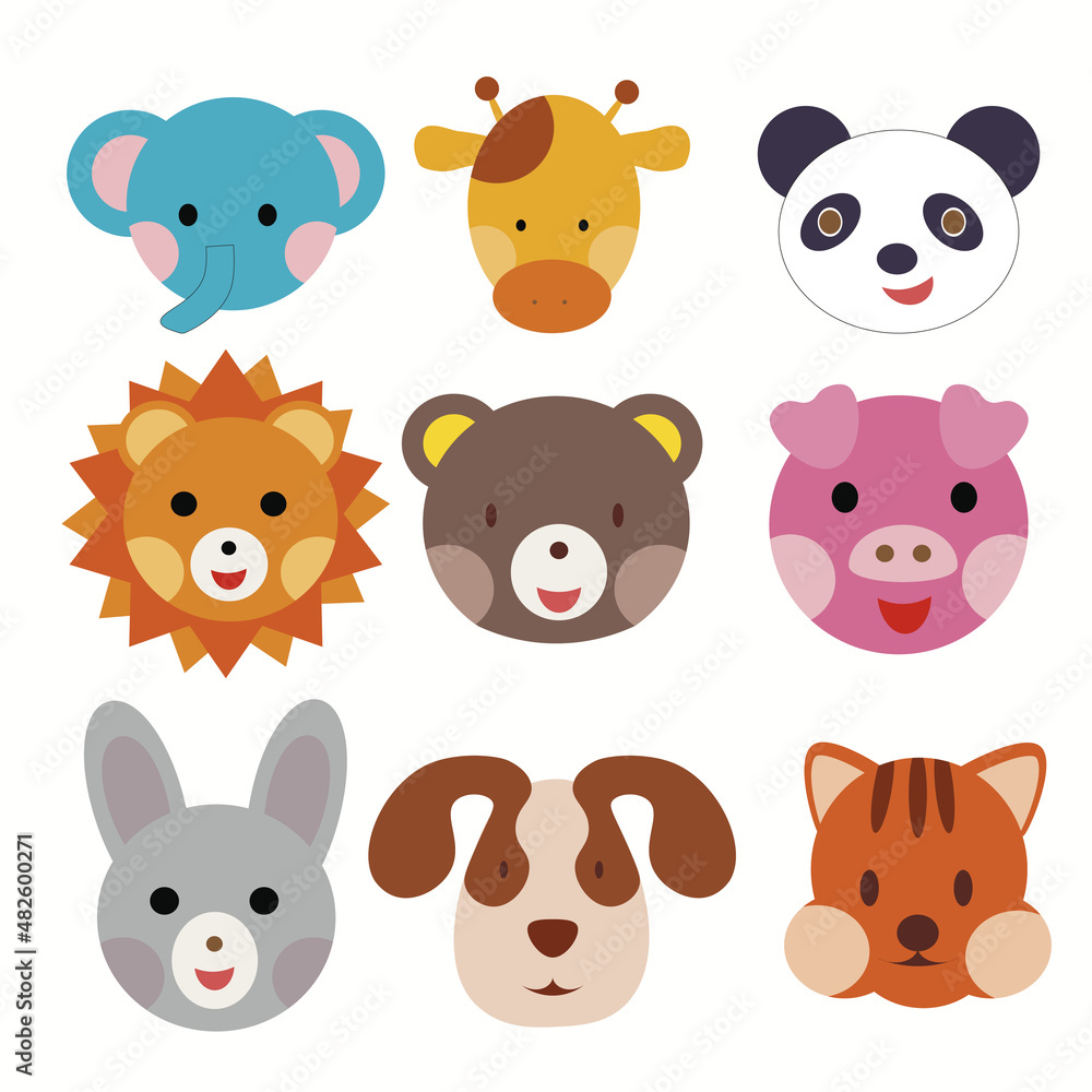 Cartoon cute face animals for baby card and invitation