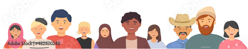 Multiethnic group of people standing together community and togetherness concept, diversity portrait. Characters men and women isolated on white. Crowd community. Social diversity friends or relatives