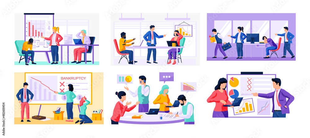 People have meeting about economic problems of company. Teamwork with diagram analysis. Colleagues discussing business issues. Set of illustrations about bankruptcy, declining indicators of profit