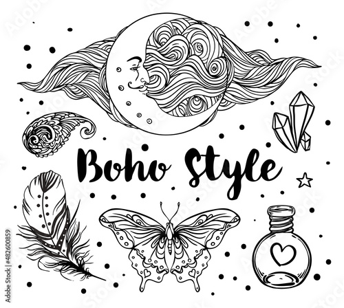 Gypsy Love: Set of Ornamental Boho Style Elements. Vector illustration. Tatto...