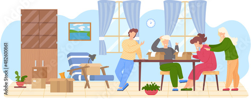 Family moving to new house, people moving to new house, carrying things to apartment, changing place of residence, relocation. Unpacking things after shipping, decorating home. Rental of premises