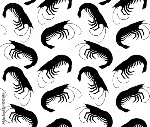 Vector seamless pattern of hand drawn shrimp silhouette isolated on white background