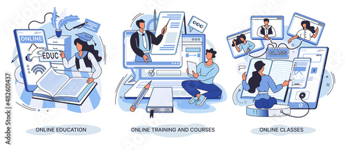 E-learning banners set. Online education, home schooling, online classes, training and courses. Web tutorials concept. Education vlog. Distance web learning with education platform, workshop, webinar