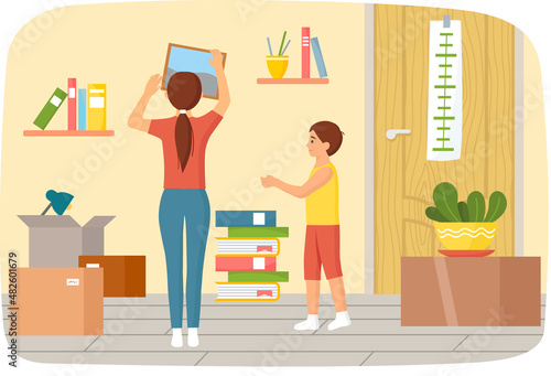 Family moving to new house put things in cardboard boxes, removal, change of place of residence. Moving to new apartment, relocation. People unpack things after shipping. Rental of premises concept