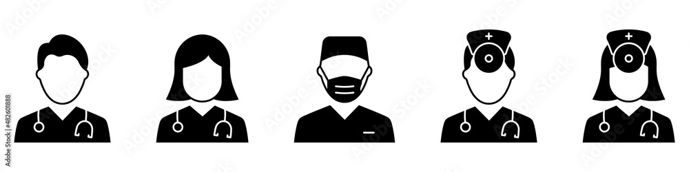 Hospital Healthcare Staff Silhouette Icon. Nurse, Otolaryngologist, Surgeon Icon. Male and Female Professional Doctors Pictogram. Isolated Vector Illustration Hospital Healthcare Staff Silhouette Icon. Nurse, Otolaryngologist, Surgeon Icon. Male and Female Professional Doctors Pictogram. Isolated Vector Illustration