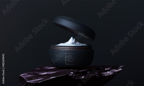 Luxury cosmetic face crem jar for skin care on black background. Beautiful cosmetic template for flyer or poster. Makeup products brand. Realistic vector 3d black and gold matte cosmetic jar mock up