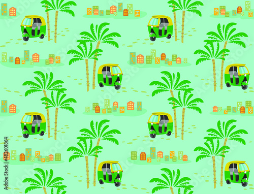 Seamless pattern,  Palms and Tuk tuk cartoon images, Auto rickshaw images, Taxi