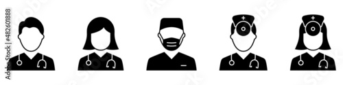 Hospital Healthcare Staff Silhouette Icon. Nurse, Otolaryngologist, Surgeon Icon. Male and Female Professional Doctors Pictogram. Isolated Vector Illustration