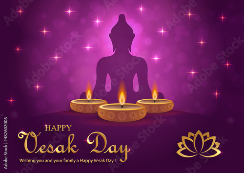Happy Vesak Day card with bouddha symbols and oriental Asian elements
