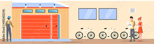 Vehicle storage space, room for transport in residential building. People looking at palette of colors for painting garage. Place for automobile parking, Storage space for bike inside modern house