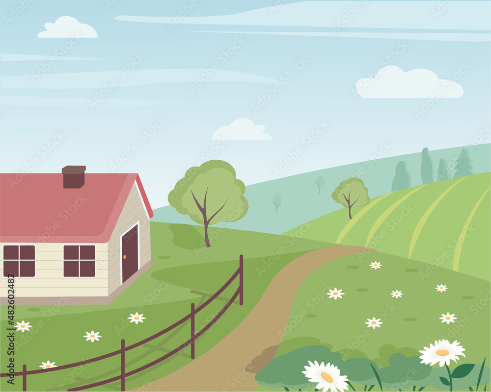 Spring landscape with house and trees. Seasonal countryside landscape. Vector illustration card template