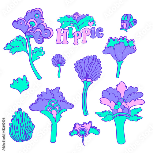 Colorful flower set, retro 60s, 70s hippie style. Vintage psychedelic vector ...
