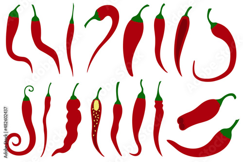Group of different red chili peppers isolated on white