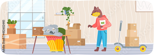 Animals moving to new house put things in cardboard boxes, change of place of residence. Moving to new home, relocation. Ferret and sloth settle down in apartment and decorate interior of house