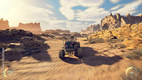 Faked 3D video game. 4K racing through the desert. HUD.
