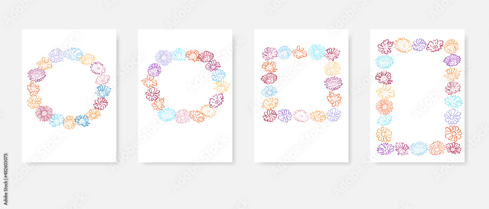 Colored vector floral frame. Round, square and rectangular border. Hand drawing style.