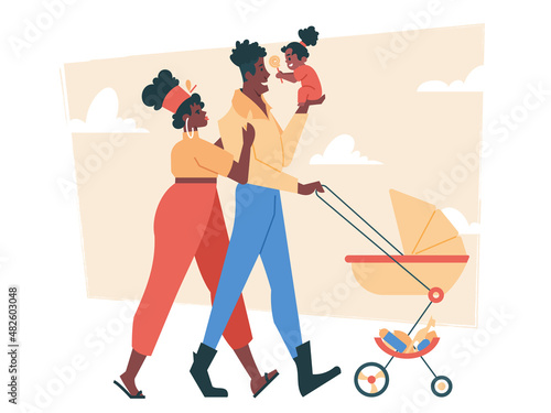 Cute family walks with a stroller. Dad holds a little daughter in his arms, mom hugs husband. Happy african american people. Vector flat illustration.