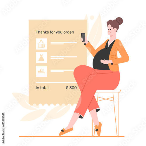 Pregnant woman and receipt. Ordering goods for the unborn child. The cost of having a baby. Online shopping. Vector flat illustration.