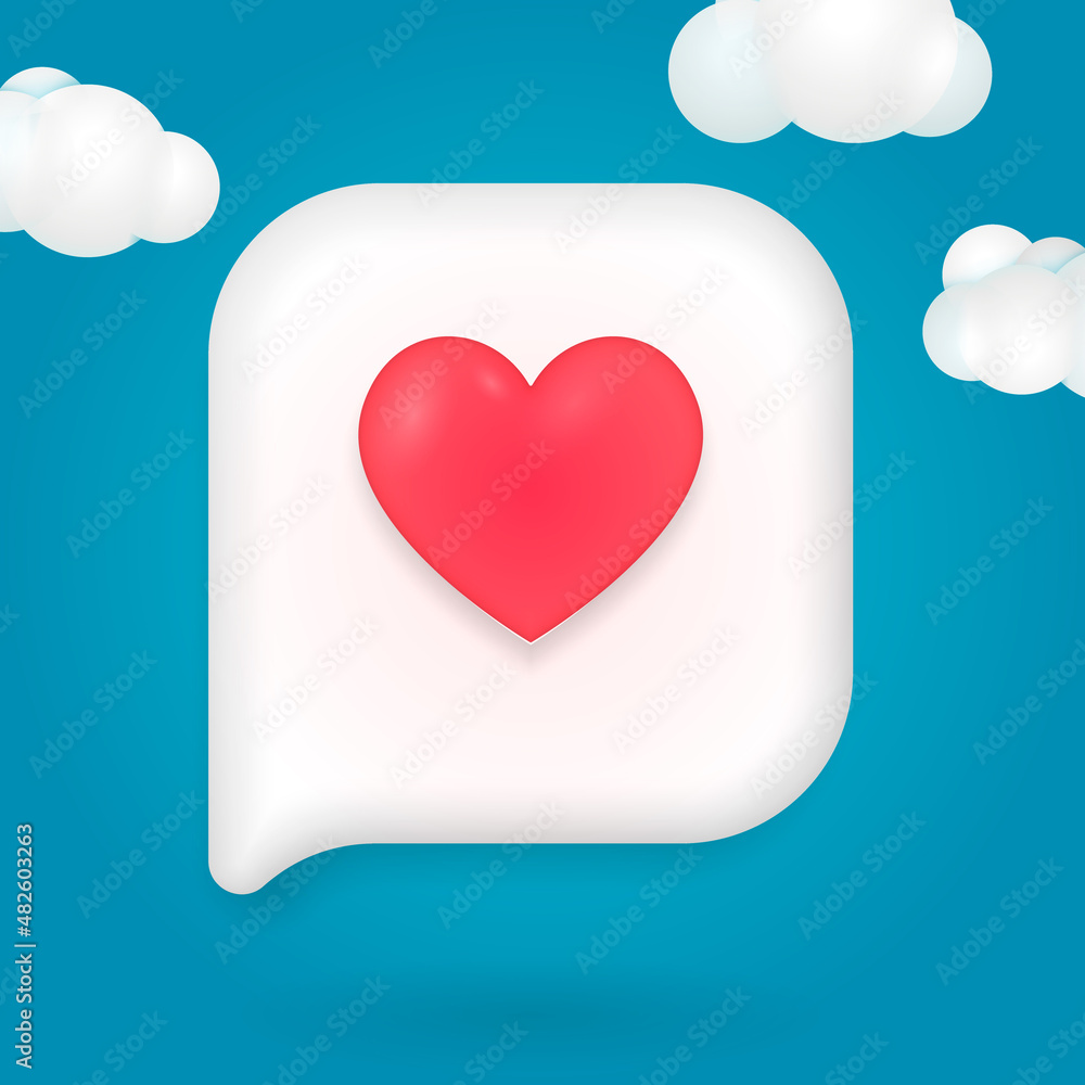 3D icon speech bubble with heart. 3D social media notification icon with heart symbol 3D icon speech bubble with heart. 3D social media notification icon with heart symbol