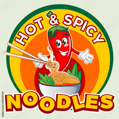 vector mascot character illustration chili logo serving a bowl of spicy noodles with the words hot and spicy noodles