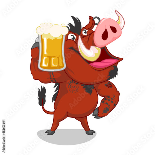 mascot vector illustration of a tattooed wild boar standing smiling with a big glass of beer photo