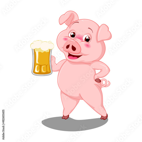 vector mascot illustration of pig standing smiling with big glass of beer