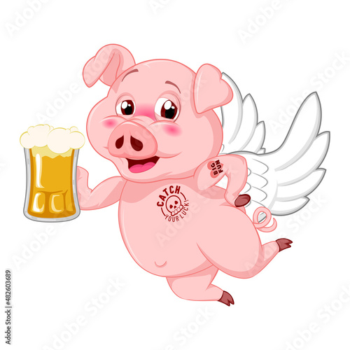 vector mascot illustration tattooed pig with angel wings flying with a smile carrying a big glass of beer