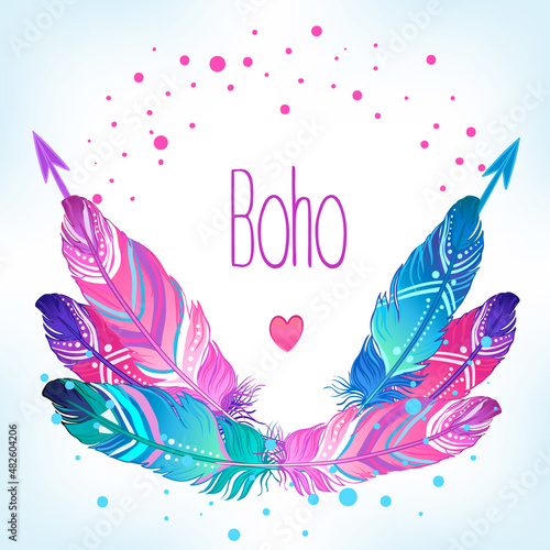 Hand drawn vector painted bird feathers isolated on white background. Colorfu...
