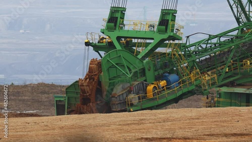 View of a giant excavator working on an opencast coal mine. Footage taken on a cloudy day, soft light. photo