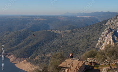 Visitors observing Monfrague National Park from viewpoint. Caceres, Spain