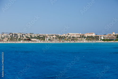  Hurghada, Egypt. . Buildings, swimming pools and a recreation area by the red sea.